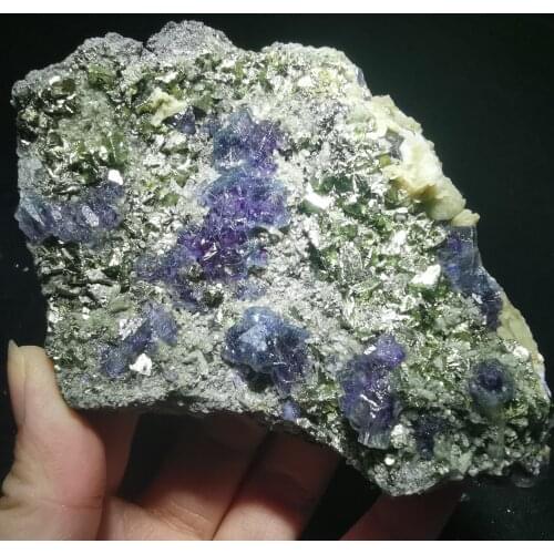342.gHome decoration teaching of natural rare chalcopyrite, purple fluorite, phosphorite and associated cluster minerals