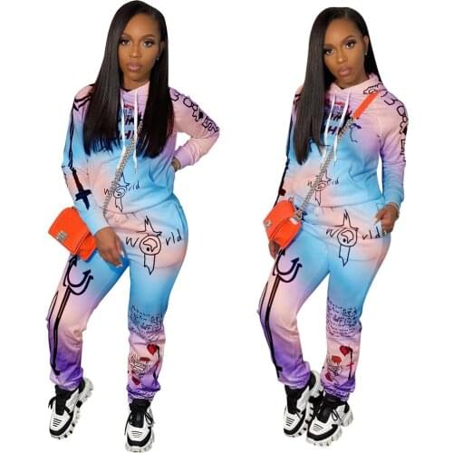 81Y8065 Spring and autumn womens versatile fashion leisure printing sports two piece suit two piece set women
