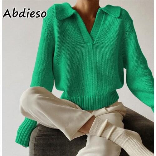 Abdieso Green Cropped Sweater Women Pullover Black Autumn Winter V Neck Long Sleeve Knitted Sweater Tops Fashion 2021 Casual