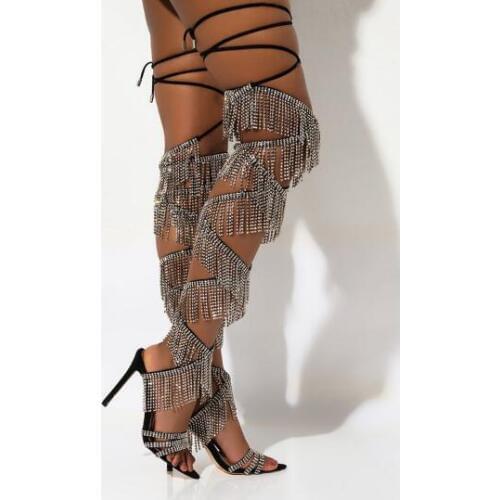 Summer New Woman Fashion Drill Stripe Tassel Lace Up Over The Knee Boots Bling Bling Crystal Thin Heels Long Sandals Boots