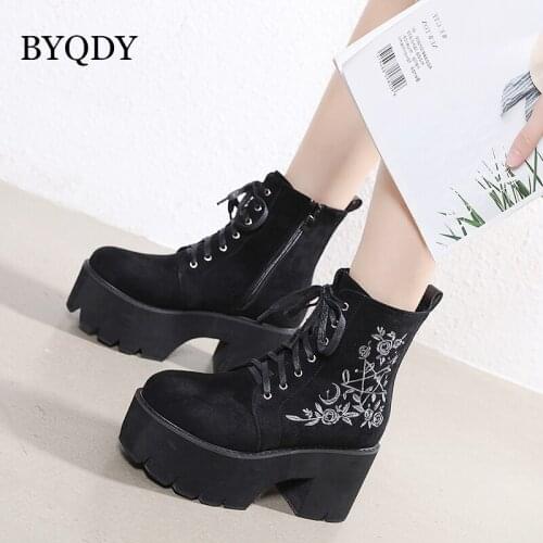 BYQDY Female Suede Women Boots Platform Chunky Winter Shoes Short Ankle Booties Thick Heel Footwear For Office Lady Plus 41-42