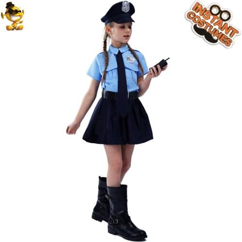 Halloween Kids Police Officer Uniform Costumes Cosplay Girls Blue Police Dresses Costume for Christmas Party