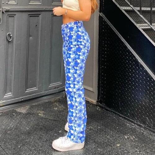 Y2K Jeans Floral Printed Vintage Denim Capri Pants Cargo Harajuku 2021 Retro Skinny Straight Leg Jeans Women High Waist