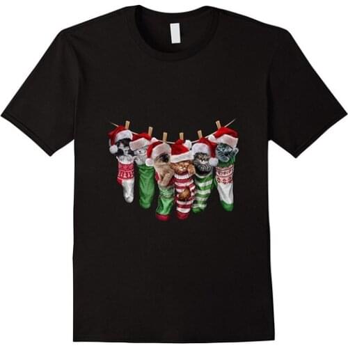 T-Shirt, Cute Sleepy Santa Kittens In Christmas Socks, Cat Men Cotton T-shirt