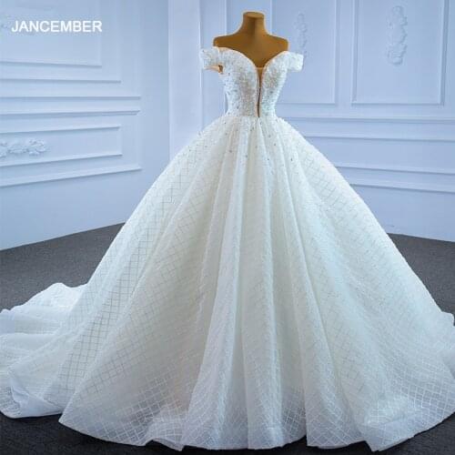 J67262 JANCEMBER White Deep V-neck Wedding Dress 2021 New Grid Transparent Lace Diamond Backless Gown Vestidos Novias Boda