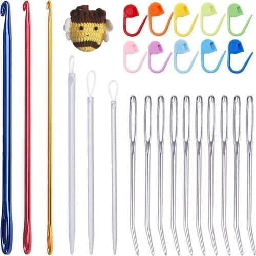LMDZ Crochet Hook Set With Bent Tip Tapestry Needles Sewing Tools Set Large Eye Blunt Needles Stitch Holder Hook For Knitting