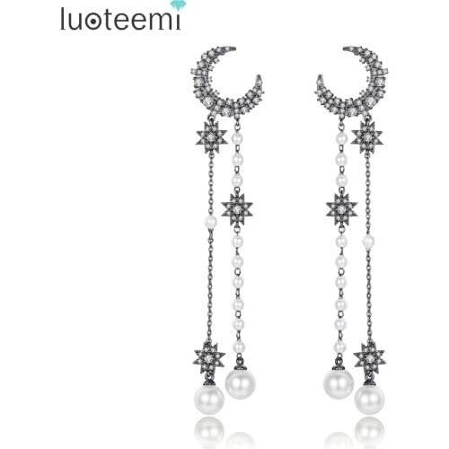LUOTEEMI New Design Moon and Star Long Drop Dangle Earrings for Women Wedding Party Paved CZ Fashion Pendientes Christmas Gift