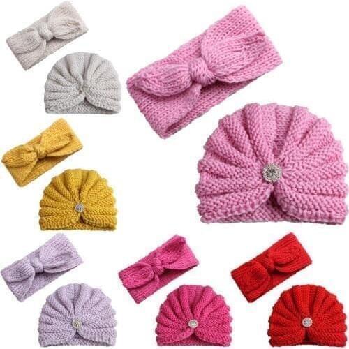 Fashion Winter Baby Girl Hats with Pearls Candy Color Knit Newborn Beanie Hat headband Baby Fotografia Cap Set Accessories