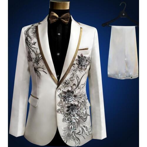 Fashion suits men blazer designs christmas white embroidered wedding male the performance formal dress costumes for singers