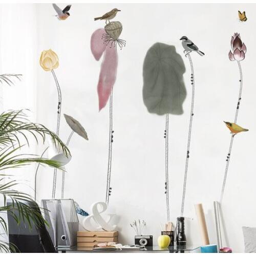 110*155cm Chinese Style Lotus Wall Sticker DIY Vintage Poster Abstract Flower Wallpaper Mural Living Room Bathroom Home Decor