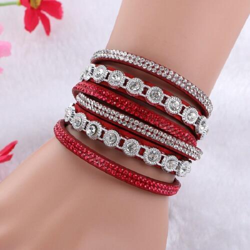 New Fashion 6 Colors Wrap Rhinestone Leather bracelets & bangles Multilayer Bracelets Jewelry for Women Men Gift