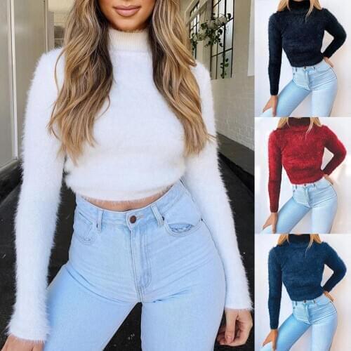 New Autumn Sweater Solid Color Long Sleeve Turtleneck Sweater Women Pullover Sweater Padded Velvet Warm Top Plus Size