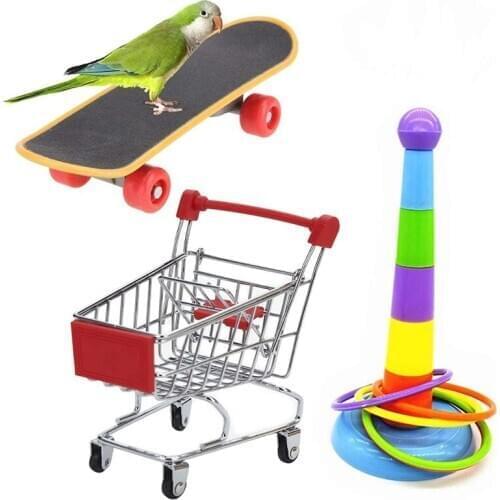 Parrot Mini Shopping Cart Training Rings Skateboard Stand Parakeet Cockatiel Claws Traning Mini Slide Plate Toys 3pc/set