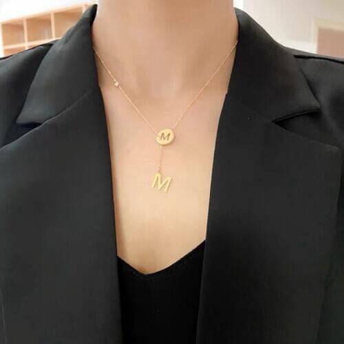 TIMEONLY Simple Titanium Steel Hollow Coin M Pendant Necklaces Adjustable Y Shape Letter Necklace Delicate Jewelry for Women