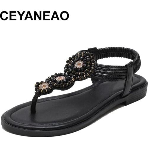 CEYANEAO2021 European and American Summer Sandals Female Bohemian Roman Flat Bottom Fairy Style Seaside Vacation Beach Shoes