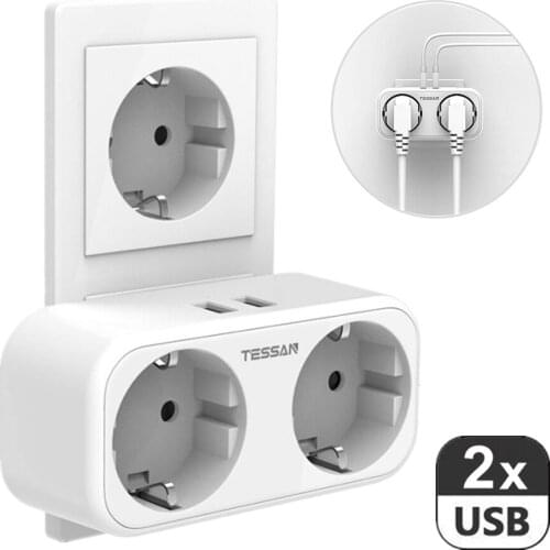 European Power Strip with 2 USB Ports and 2 Outlet Extender Wall Charger Electrical Socket 110-230V Adapter Plug for Phones
