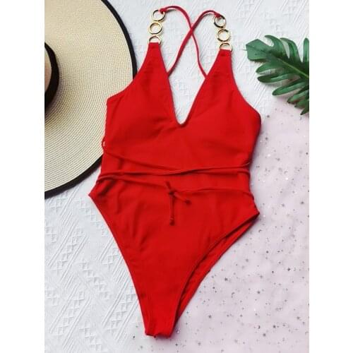 Sexy Solid Red One Piece Swimsuit 2021 Swimwear Women Metal V Neck Backless Swimming Suit Bathers Bathing Suit Bodysuit Monokini