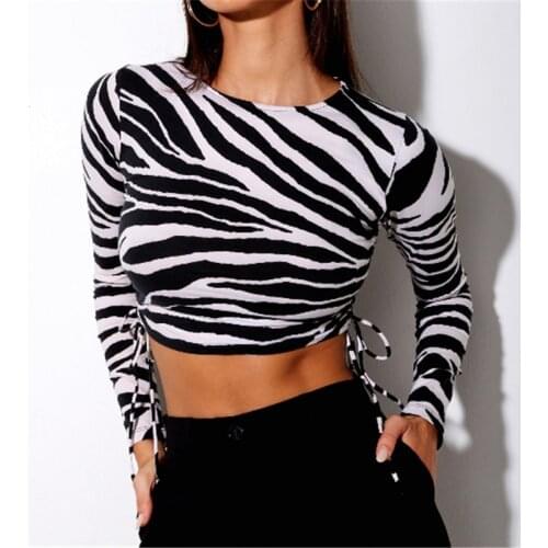 Fashion Women Zebra-stripe Crop Top Stylish Long Sleeve Side Drawstring T-Shirt Autumn New Round Collar Pullover Tops