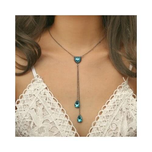 Exquisite Blue Sapphire Crystal Love Heart Water Drop Long Necklace Clavicle Chain For Women Jewelry