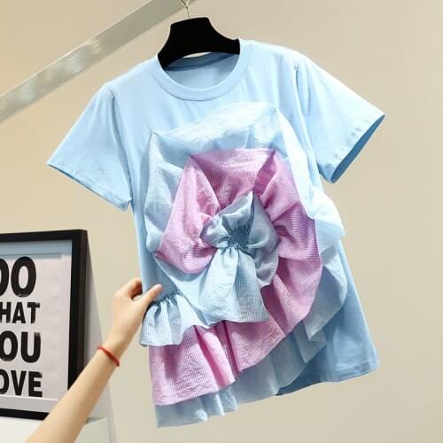 Three-Dimensional Flower Short-Sleeved T-shirt Woman 2021 Spring and Summer Fashion All-Matching Tee Blusas Ladies Chic Top