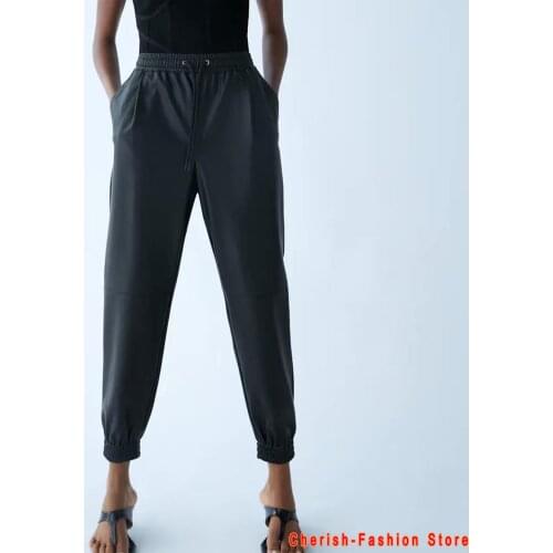 PU Faux Leather Pants Women High Waist Elastic Lace Up Slim Bottoms Pants Ladies Sexy Club Trousers Women Pants Pantalon Femme