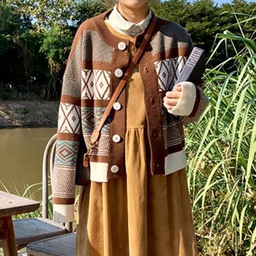 Womens Cardigan Sweater Geometric O Neck Knitted Cardigans Winter Autumn Outwear Female Tops #JJ05