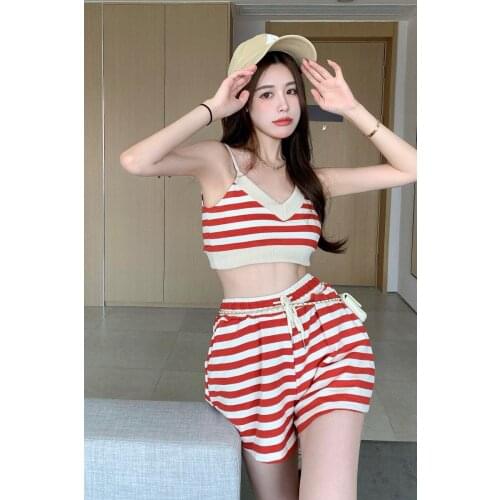 Knitted sling vest womens summer short sweet sexy hot girl red striped outer wear and loose shorts 2pcs set female