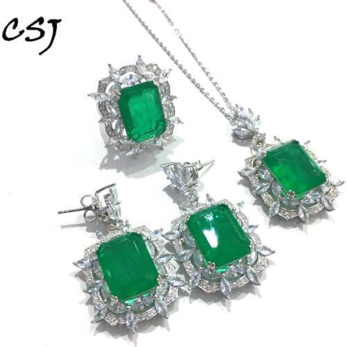 CSJ Luxury Created Emerald Jewelry Sets 925 Sterling Silver Big Stone Fine Jewelry Women Femm Lady Wedding Engagment Party