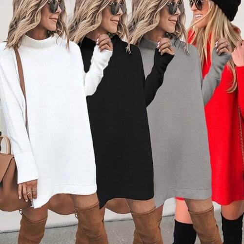 Women Solid Turtle Neck Winter Autume Warm Knit Sweater Long Top Dress Stylish And Fashion Design Comfortable Material