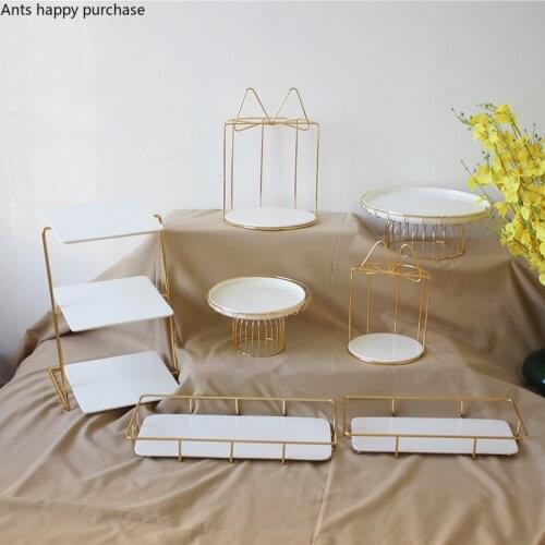 Golden Wrought Iron Dessert Table Cake Stand White Ceramics Fruit Tray Three-tier Snack Rack High Foot Display Stand Cake Pan