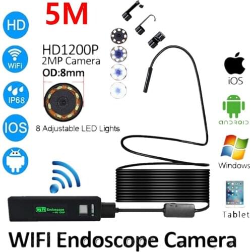 2/5/10M WIFI Endoscope Camera HD 1200P 8mm 8 LED Mini Waterproof Hard Cable Inspection Camera Borescope for Iphone PC IOS