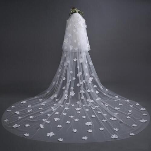 2T 3D Flowers Wedding Veil Chaple Length Cover Face Tulle Bridal Veils Bride Veil Wedding Accessories