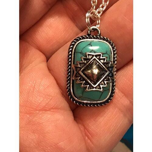 Antique Silver Rectangle Turquoises Pendant Chain Necklace Charm Navajo Jewelry for Women Mens Party Accessories