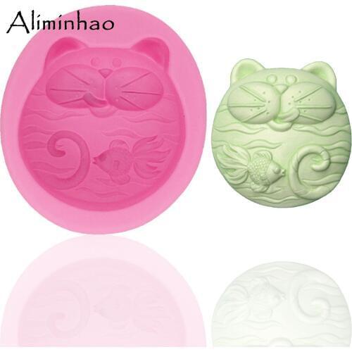 B0379 Cat and fish DIY Resin Clay Soap Mold chocolate Silicone mould fondant cake decorating tools
