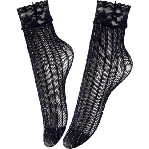 Glitter Ankle Socks For Women Summer Sexy Fishnet Socks Black Elasticity Transparent Vintage Frilly Lace Sock Ladies Calcetines