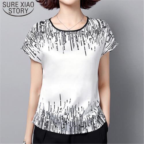 2021 New Fashion Women Tops And Blouses Korean Print Short Sleeve O Neck Office Work Lady Chiffon Plus Size Blusas 4574 50