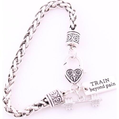 Fitness Dumbell Barbell Antique Silver Charm Bracelet "Train Beyond Pain"