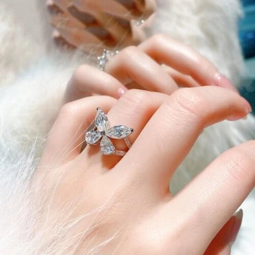 KOFSAC Fashion Shiny Zircon Water Droplets Butterfly Rings Women 925 Sterling Silver Jewelry Romantic Girl Valentines Day Gifts