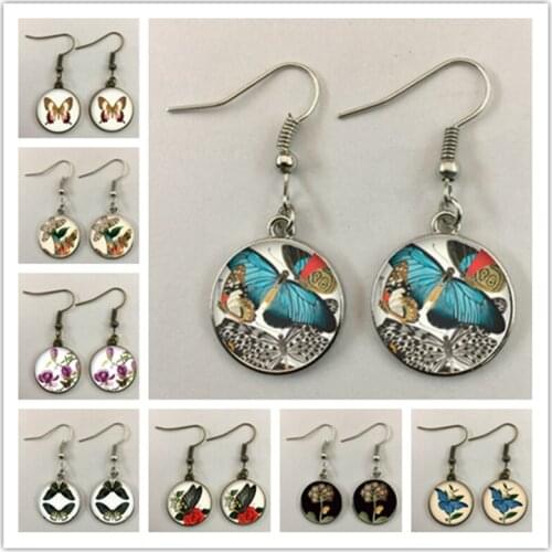 Fashion Butterfly Specimen Pattern Hook Earrings Silver Color Glass Cabochon Hoop Earrings Charm Ear Hook Women Jewelry Gifts