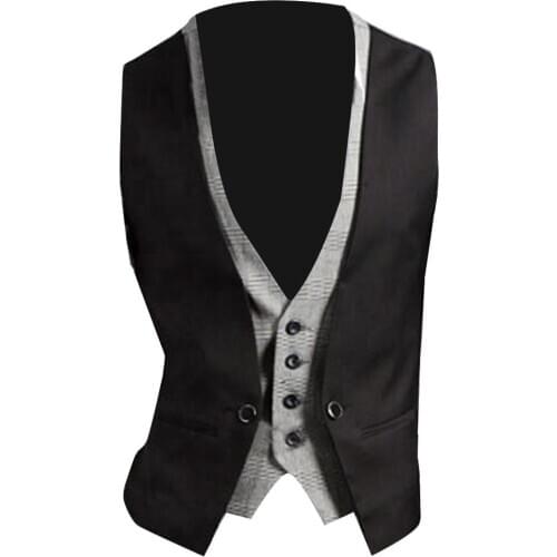 Vests Men Fake Two-pieces V Neck Sleeveless Button Pocket Waistcoat Jacket