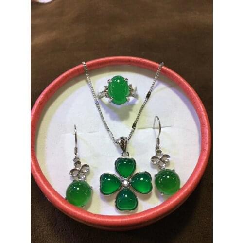 Natural 925 sterling silver inlaid green agate four leaf clover temperament pendant ring earring ear studs sets jewelry