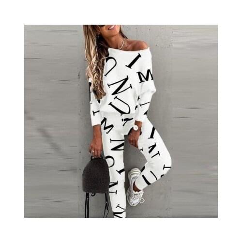 2021 New Spring Women Sweatshirt+Pants Two Piece Leisure Jogging Female Tracksuit Elegant Printed Strapless Lady Sportswear