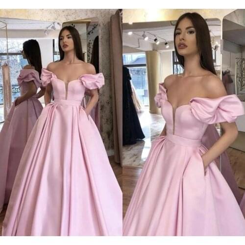 Simple Pink A Line Evening Dresses Long Off Shoulder Pleats Satin Floor Length Formal Dress Prom Party Gowns With pocket