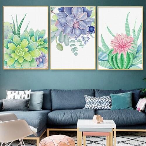 Self sewing cross stitch unfinished kit Bright green potted plants European style dining room living room wall decoration