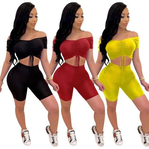 Sexy Women Off Shoulder Tube Crop Tops+Shorts Pants Summer 2PCS Bodycon Party Club Wear Drawstring Casual Outfits Suit Fashion