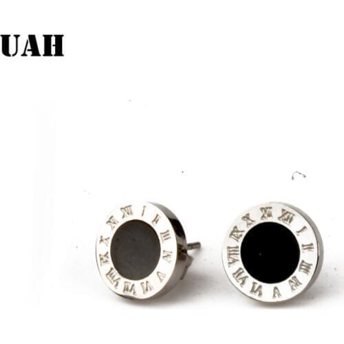 UAH Luxury Brand Roman Numerals Silver Color Small Stud Earrings For Women Man Fashion Stainless Steel Earring Jewelry