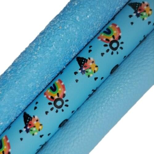 Blue Glitter leather, Rainbow Sun Printed synthetic leather, Litchi Faux Leather Sheets For Bow A4 21x29CM Twinkling Ming KM595