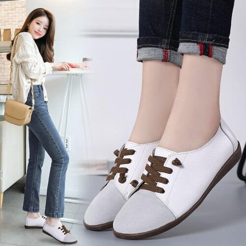 Women Flats Shoes Genuine Leather Shoes Woman Fashion Loafers Sneaker Mixed Color Slip-on Lace-Up Casual Ladies Shoes Plus Size