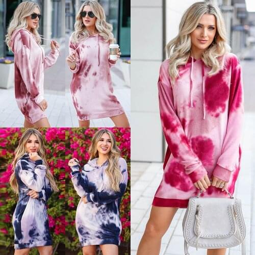 Women Casual Loose Pullover Dresses Fashion Tie-dye Printing Hooded Mini Dress Long Sleeve Loose Waist Office Lady Women Clothes