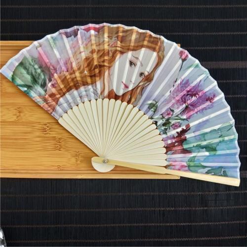 Womens silk hand fans japanese fan 21cm straight bone green natural colors famous paintings wedding favors and gifts bambu